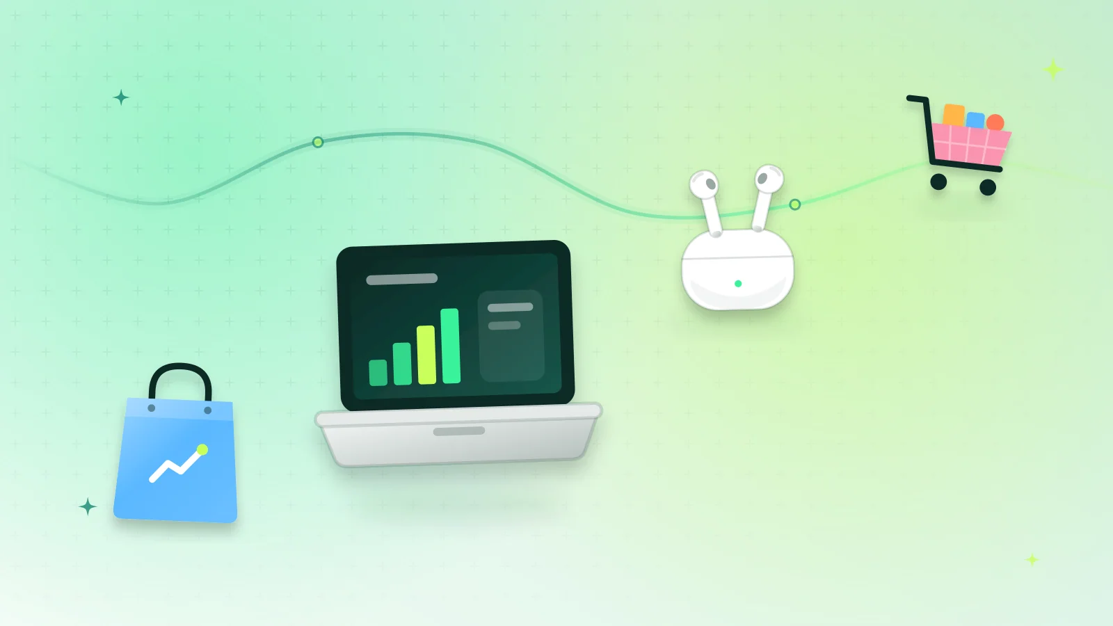 Illustration of a laptop for online shopping, a shopping bag, wireless earbuds and a shopping cart