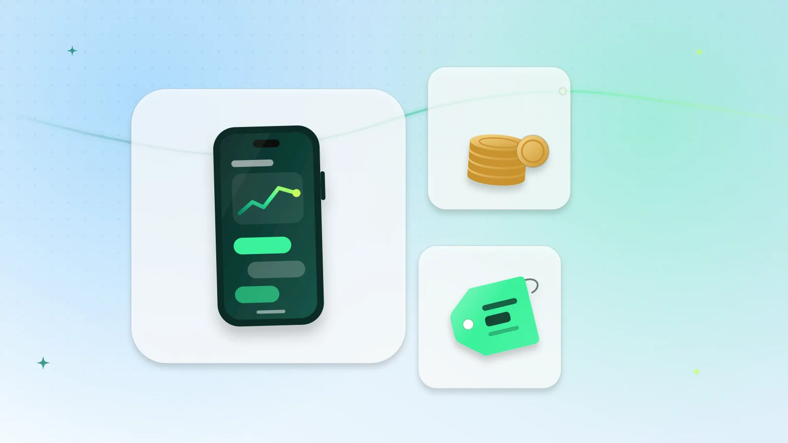 Illustration of a budget smartphone with coins and a price tag