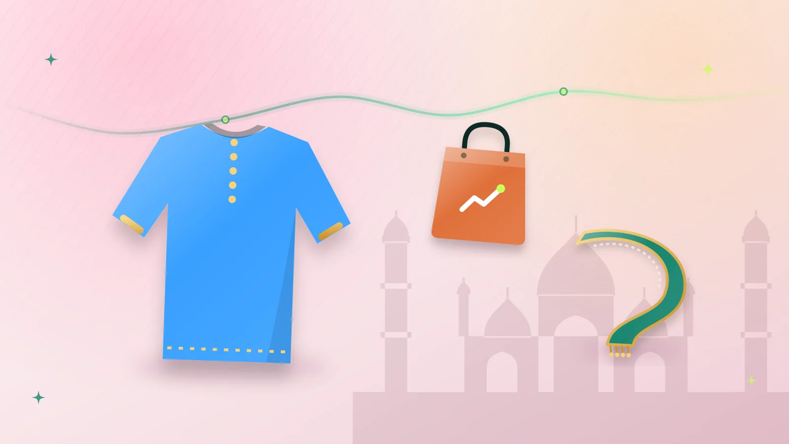 Illustration of a kurta, a shopping bag and a dupatta in front of the Badshahi Mosque, Lahore