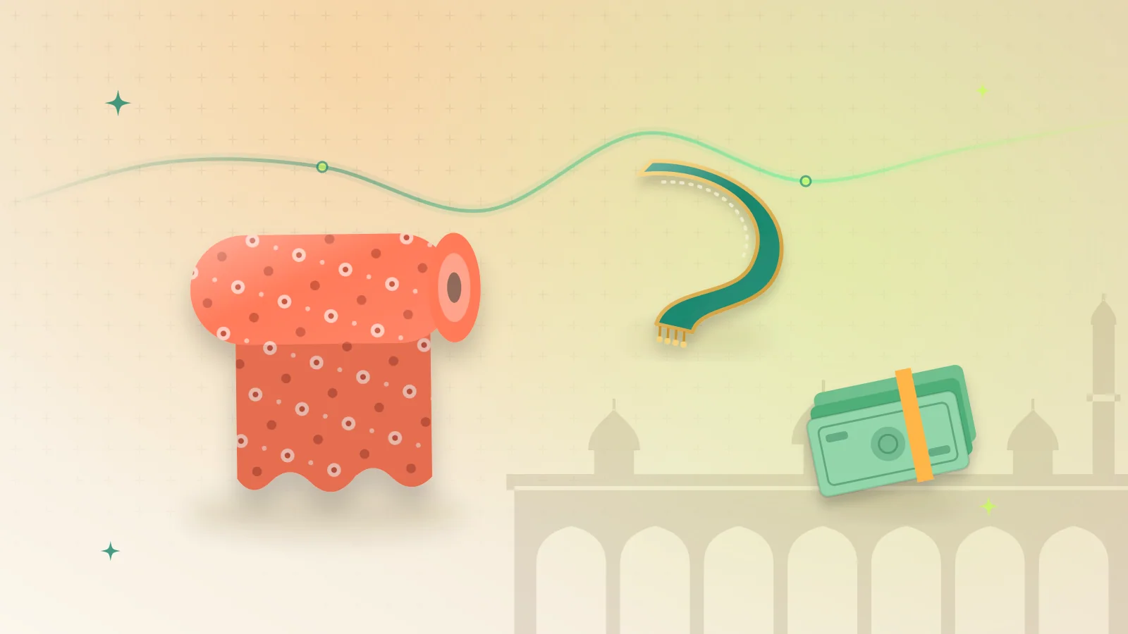 Illustration of a fabric roll, a dupatta and cash in front of old bazaar arches in Rawalpindi