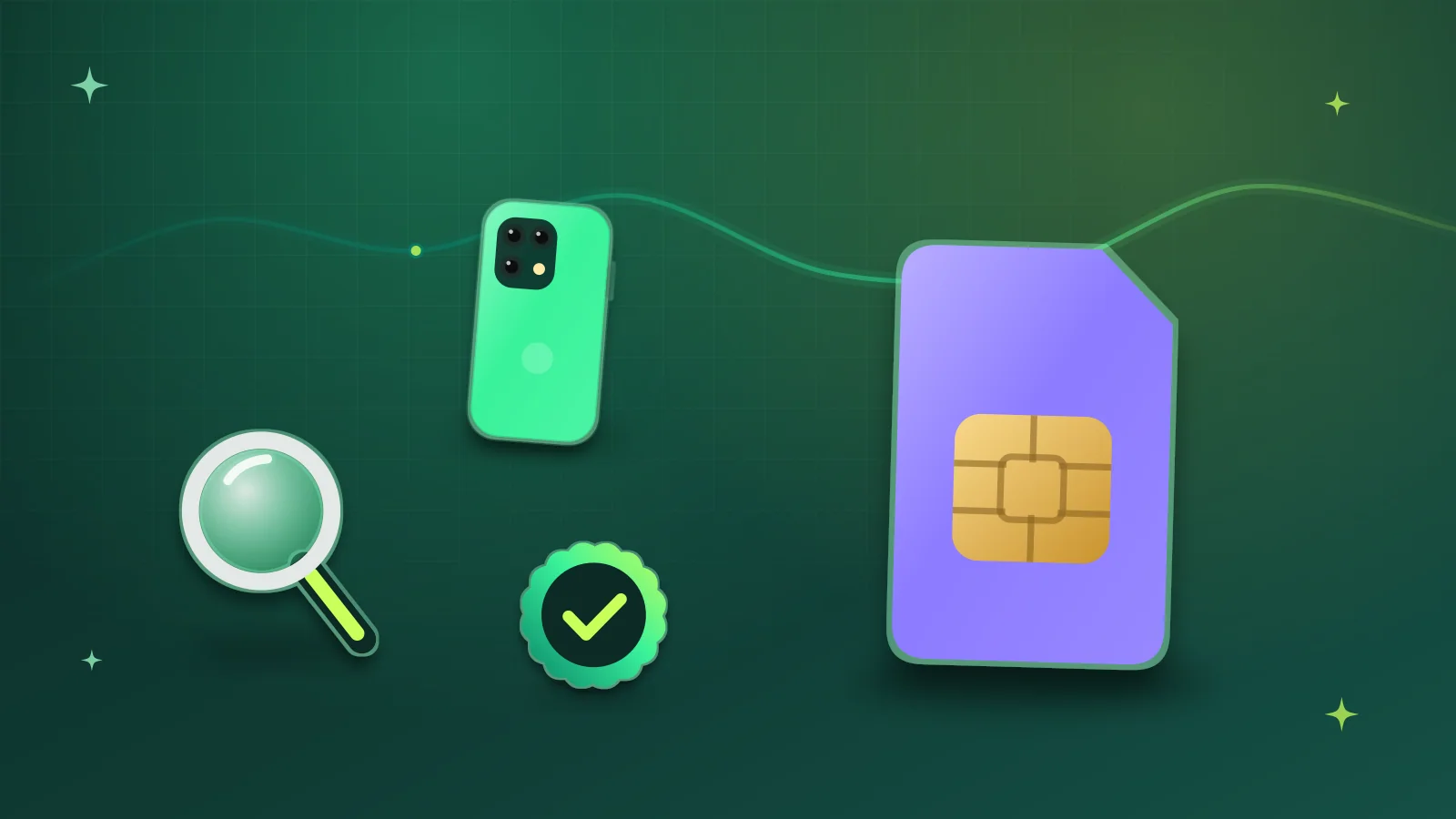 Illustration of a SIM card, the back of a smartphone, a magnifying glass and a green check badge for PTA verification