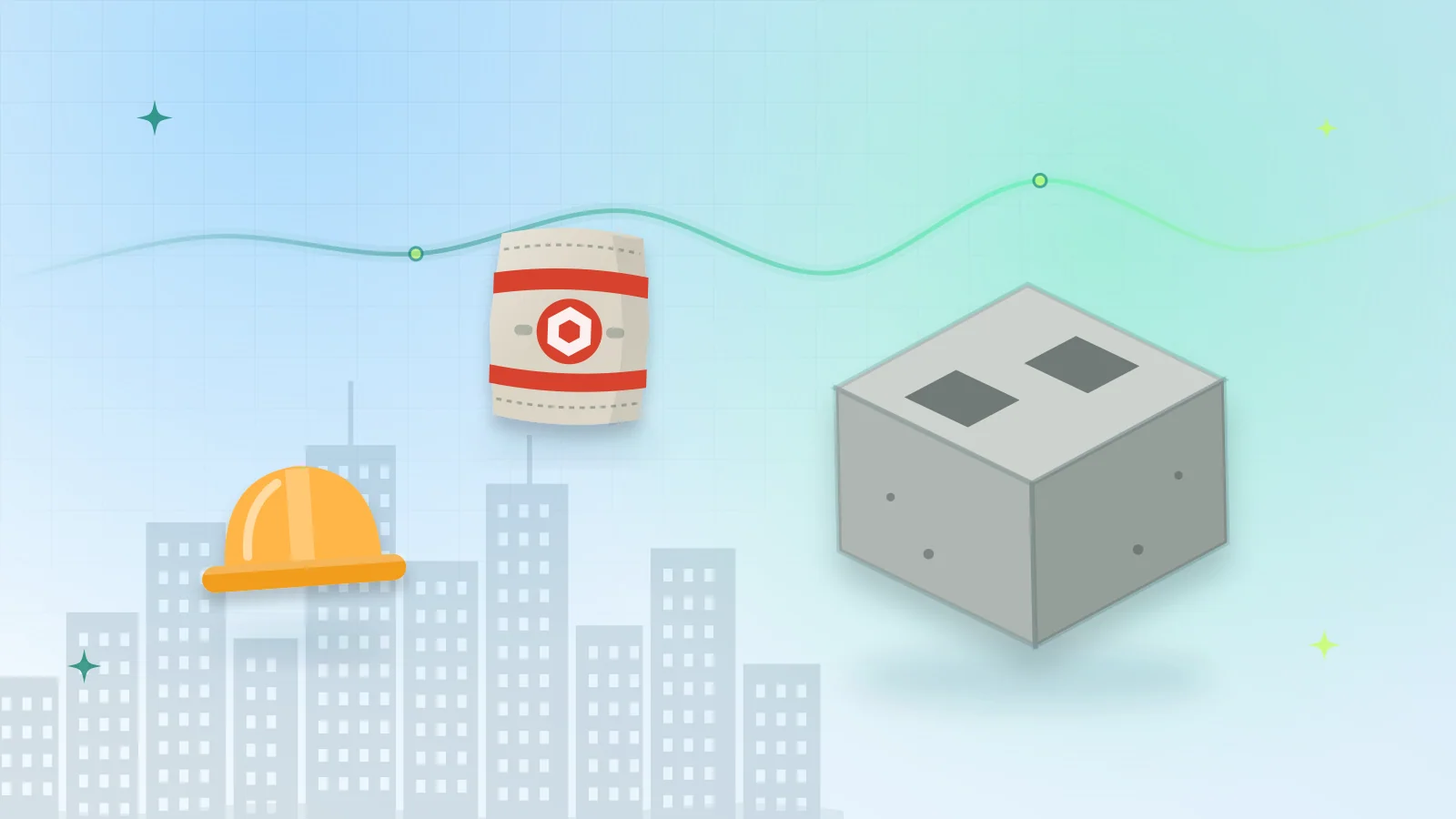 Illustration of concrete blocks, a cement bag and a hard hat in front of the Karachi skyline