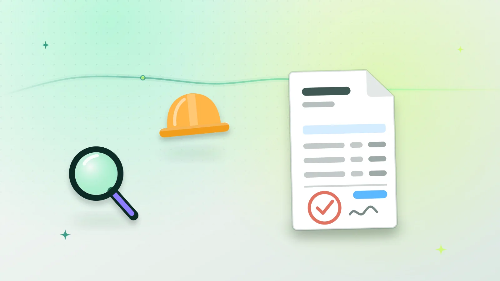 Illustration of a contractor’s quotation examined with a magnifying glass beside a hard hat
