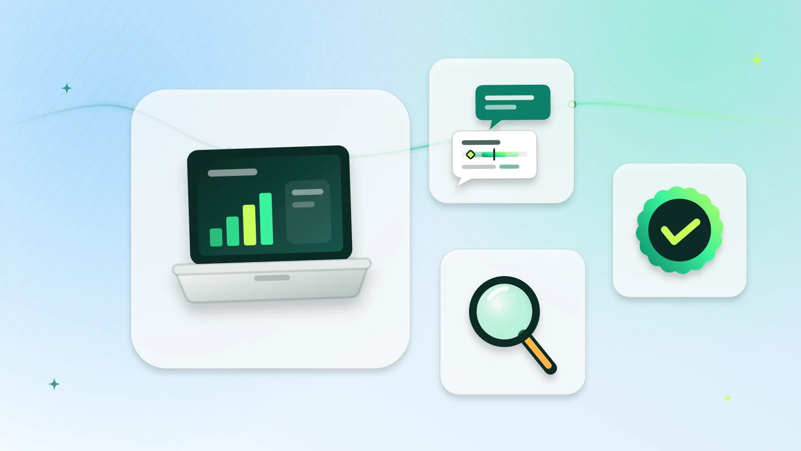 Illustration of a laptop showing listings beside DAAM chat bubbles, a magnifying glass and a verified check badge
