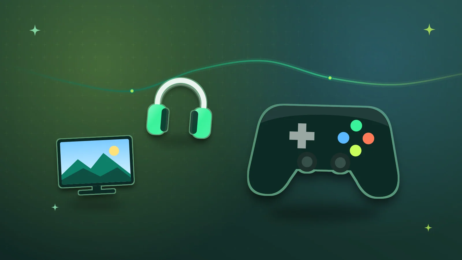 Illustration of a game controller with a gaming headset and a TV screen