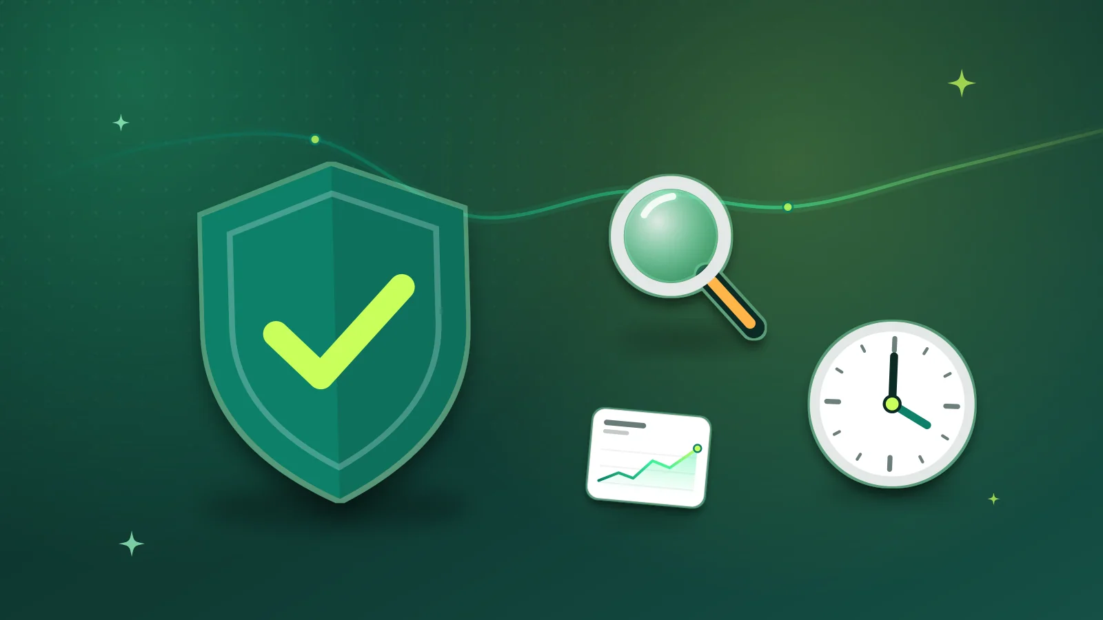 Illustration of a verified shield, a magnifying glass, a clock and a price chart card, showing how prices are checked