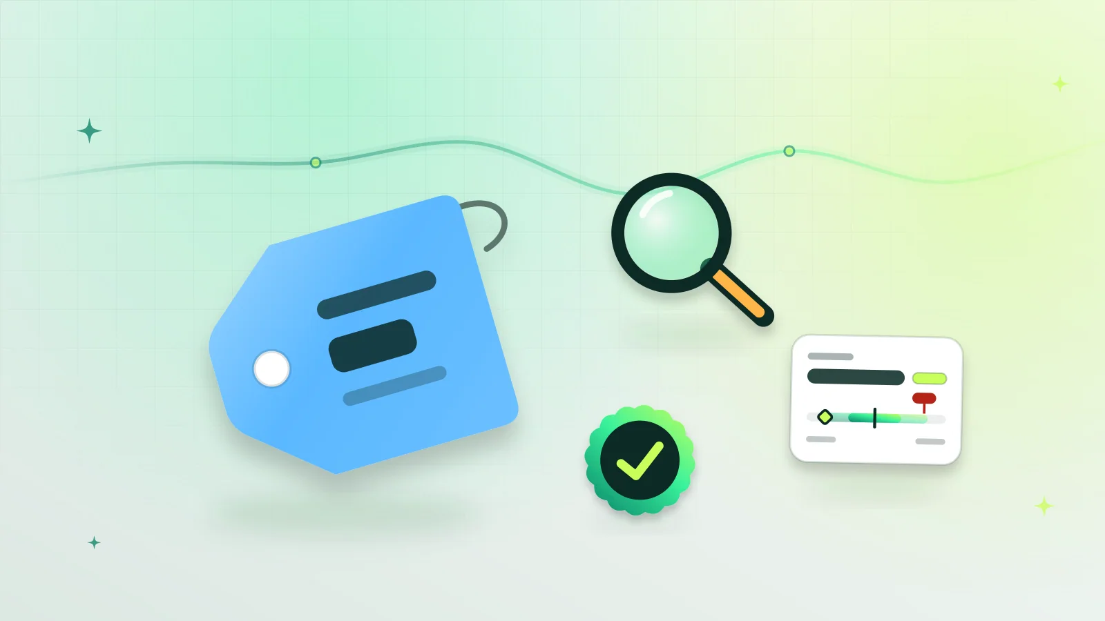 Illustration of a price tag under a magnifying glass beside a verified price range card and a green check badge