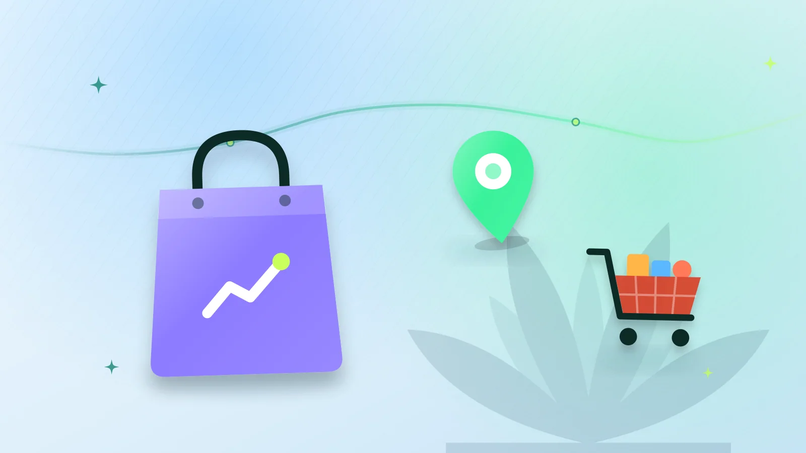 Illustration of a shopping bag, a map pin and a shopping cart in front of the Pakistan Monument, Islamabad