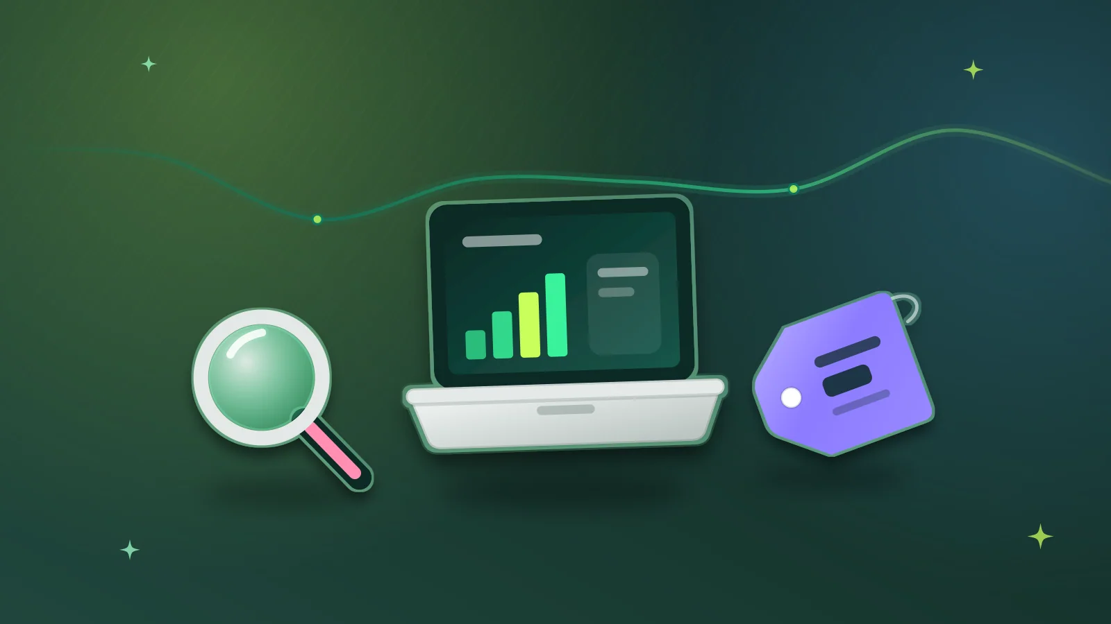 Illustration of a laptop inspected under a magnifying glass with a price tag