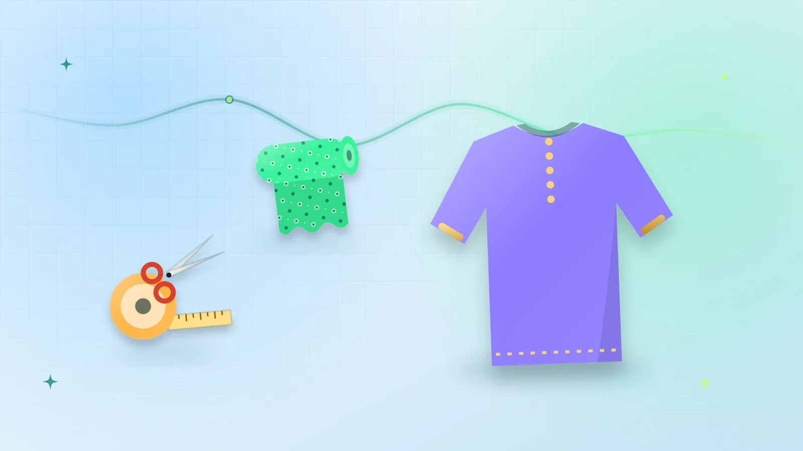 Illustration of a men’s kurta, a roll of suiting fabric and a measuring tape with scissors