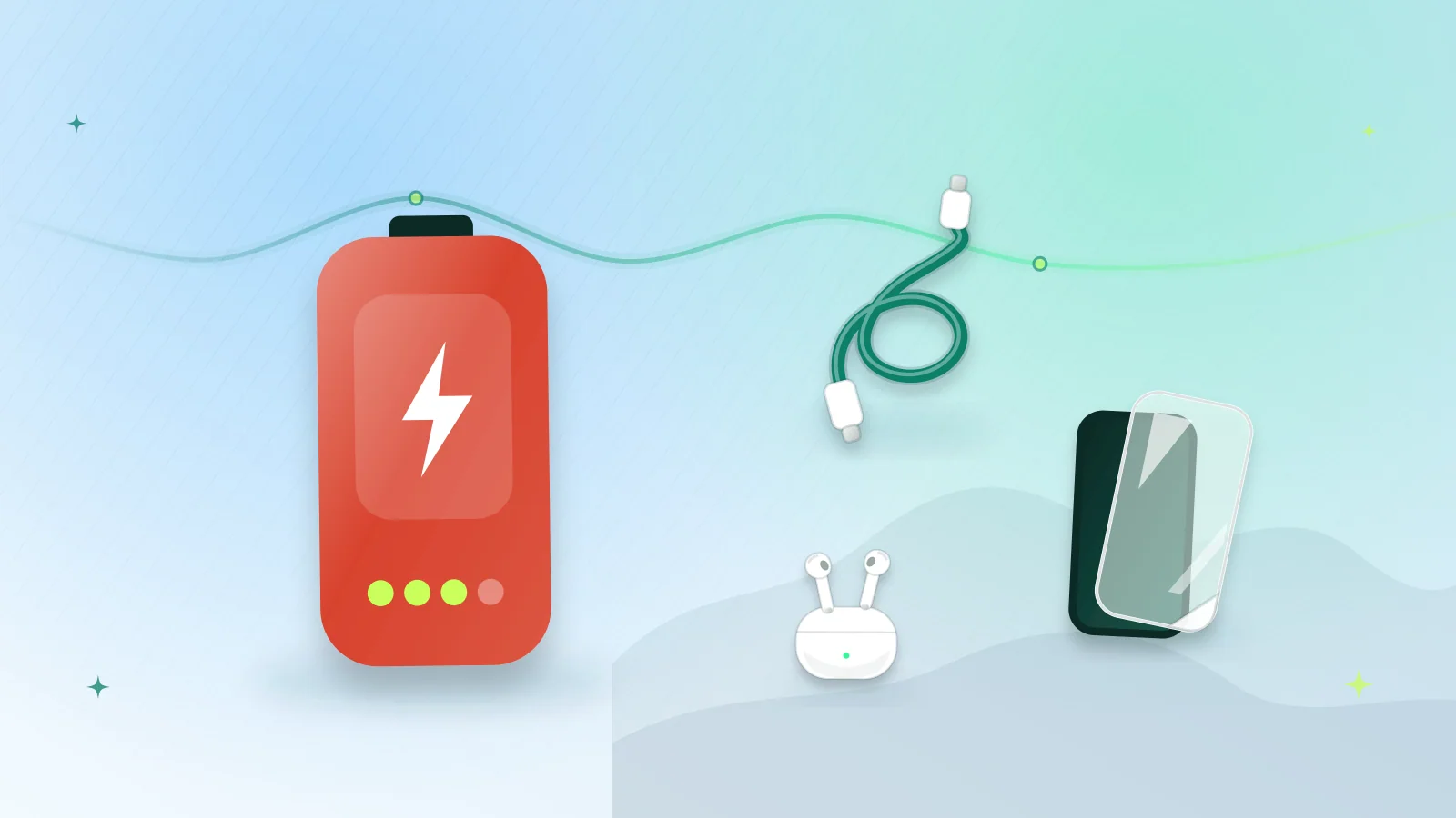 Illustration of a power bank, a USB cable, a tempered glass screen guard and earbuds with the Margalla Hills behind