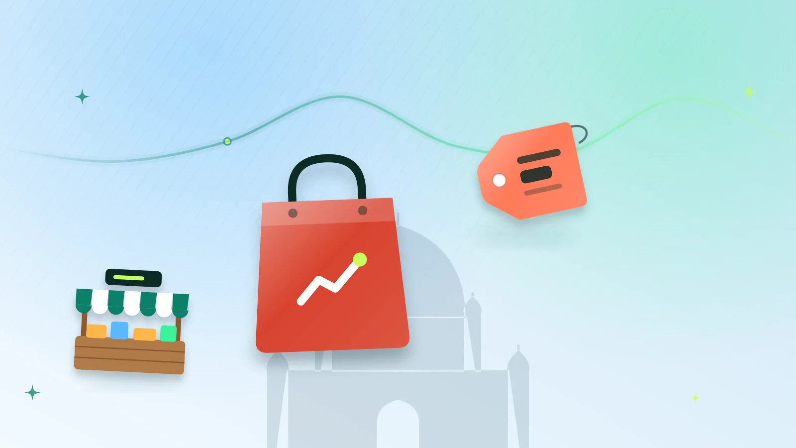 Illustration of a shopping bag, a market stall and a price tag in front of the shrine of Shah Rukn-e-Alam, Multan
