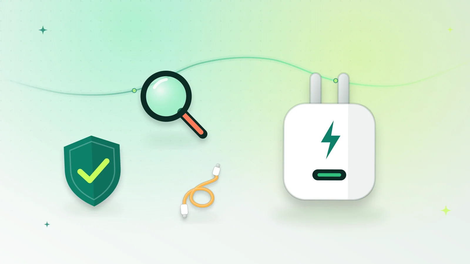 Illustration of a wall charger inspected with a magnifying glass, next to a safety shield and a USB-C cable