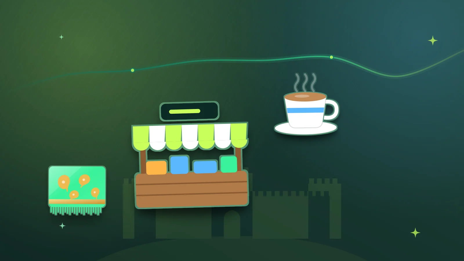 Illustration of a market stall, a shawl and a cup of tea in front of Bala Hisar fort, Peshawar