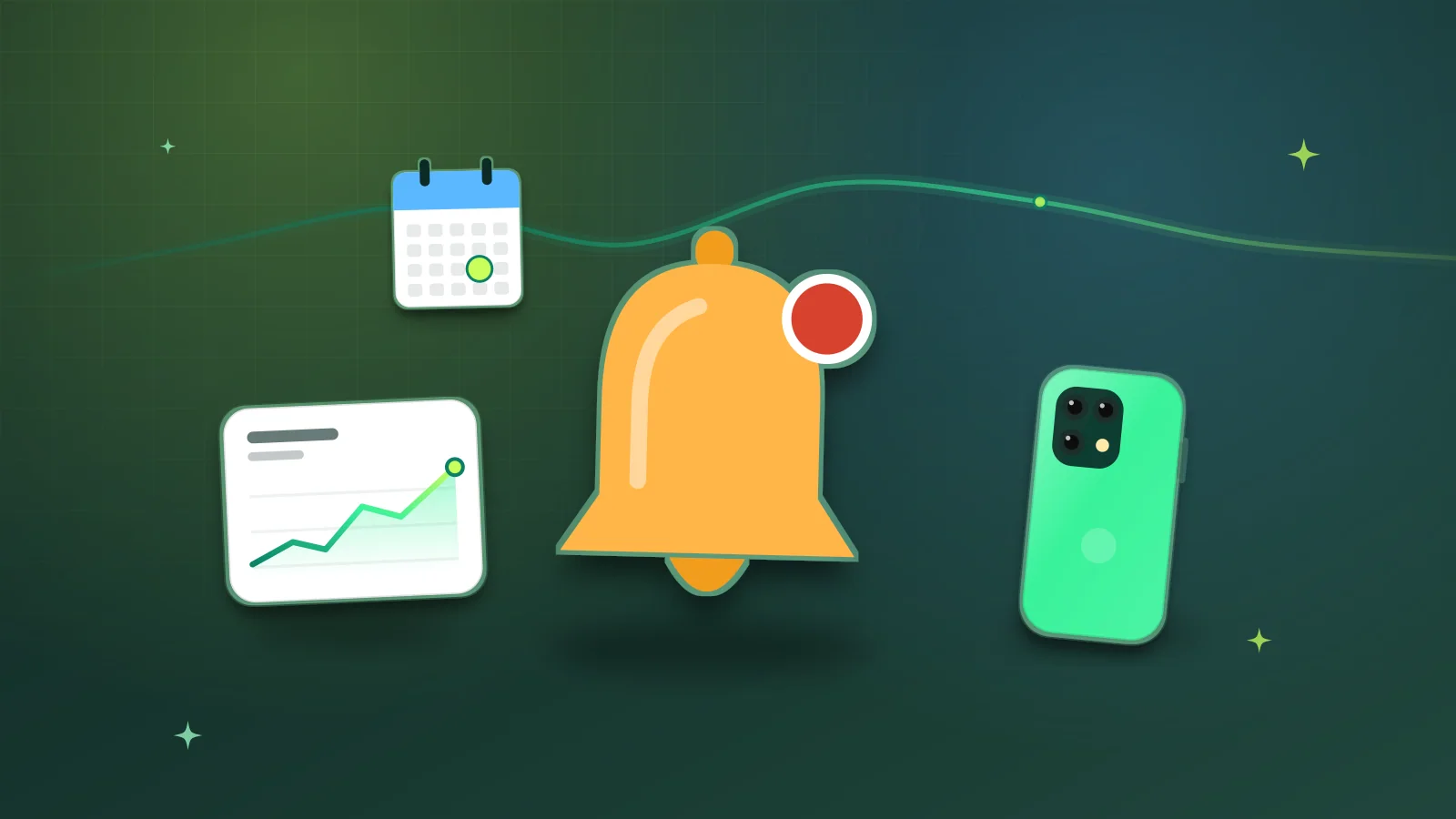 Illustration of a notification bell with a falling price chart, a smartphone and a calendar