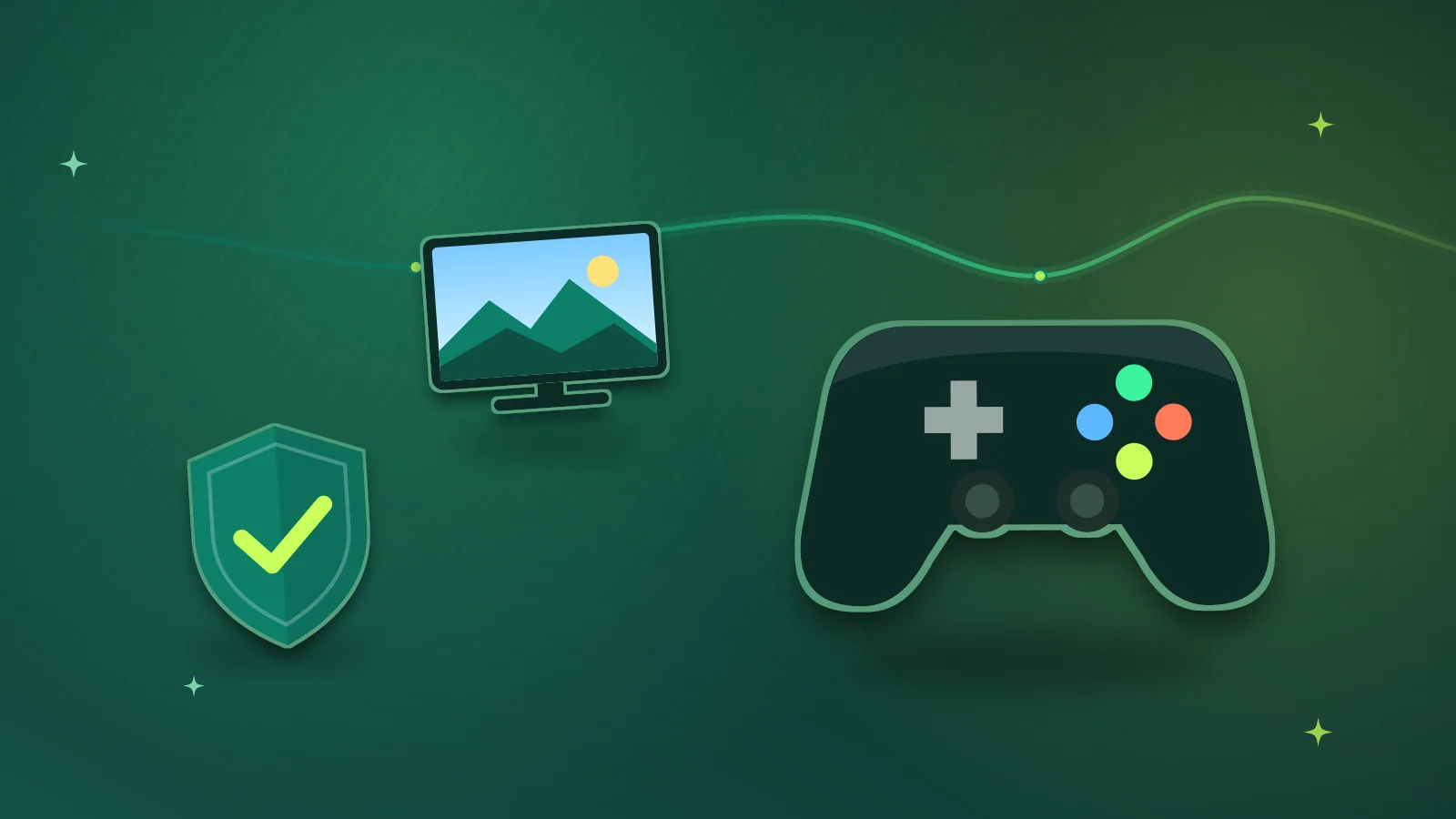 Illustration of a game controller in front of a TV with a warranty shield