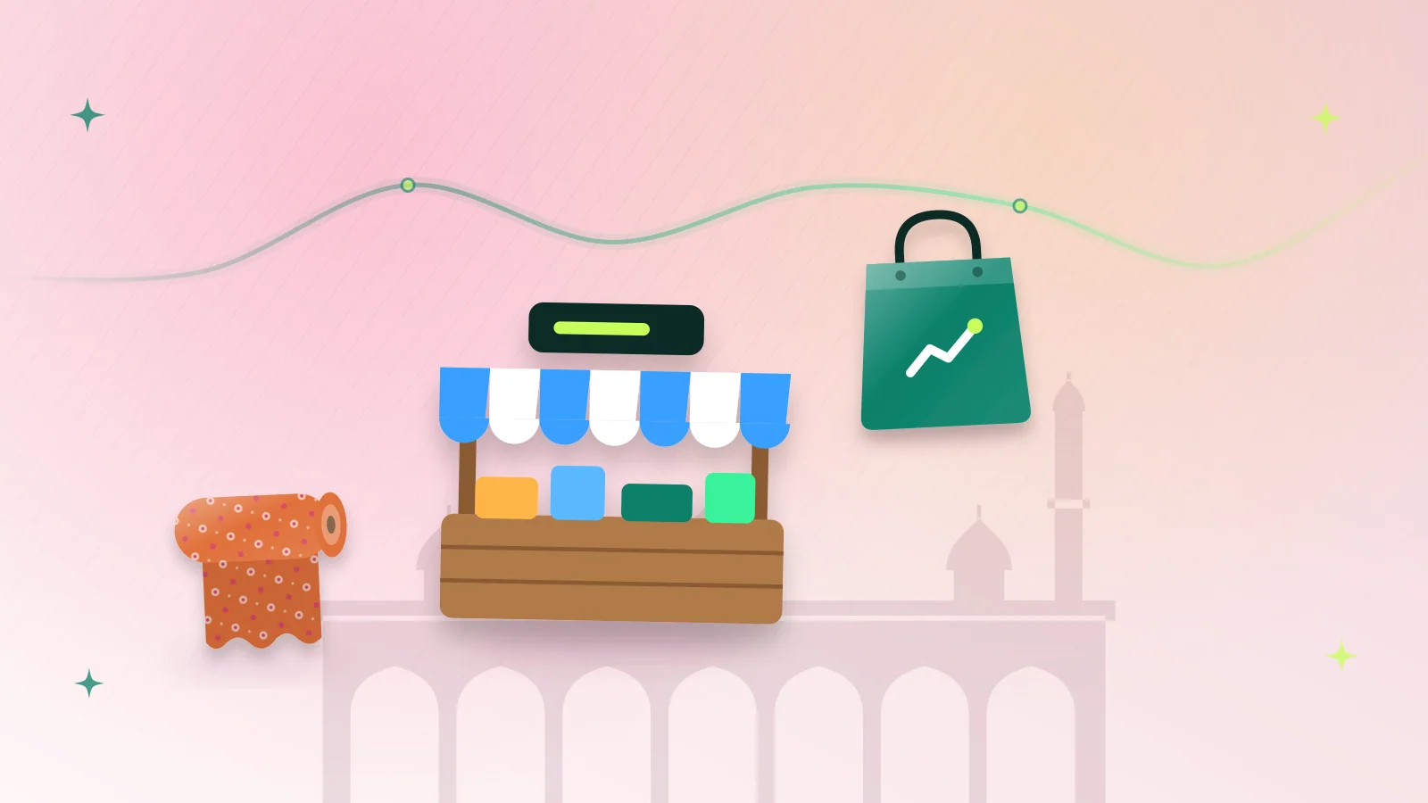 Illustration of a market stall, a roll of fabric and a shopping bag under old bazaar arches in Rawalpindi
