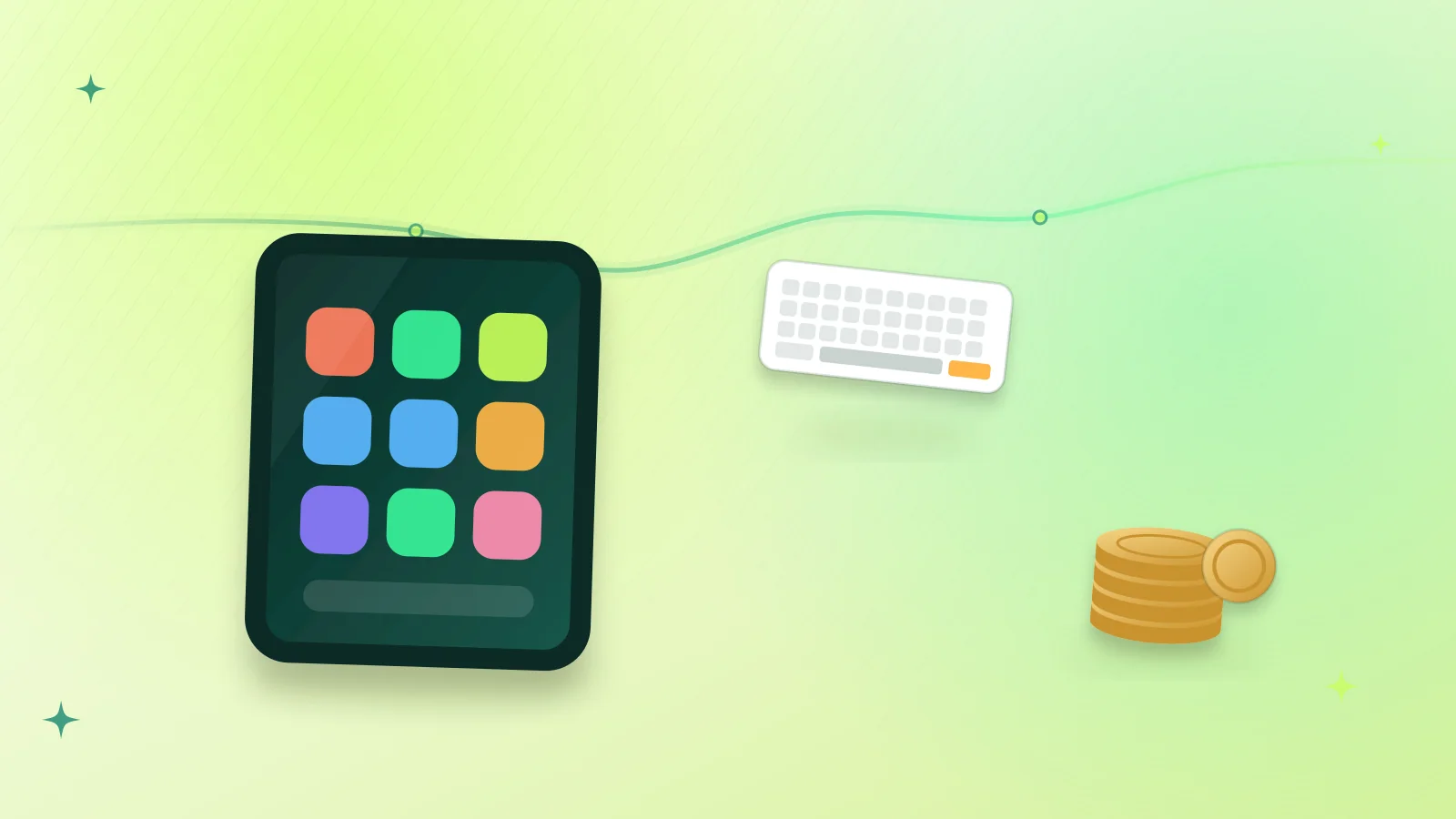Illustration of a tablet with colourful app icons, a keyboard and coins