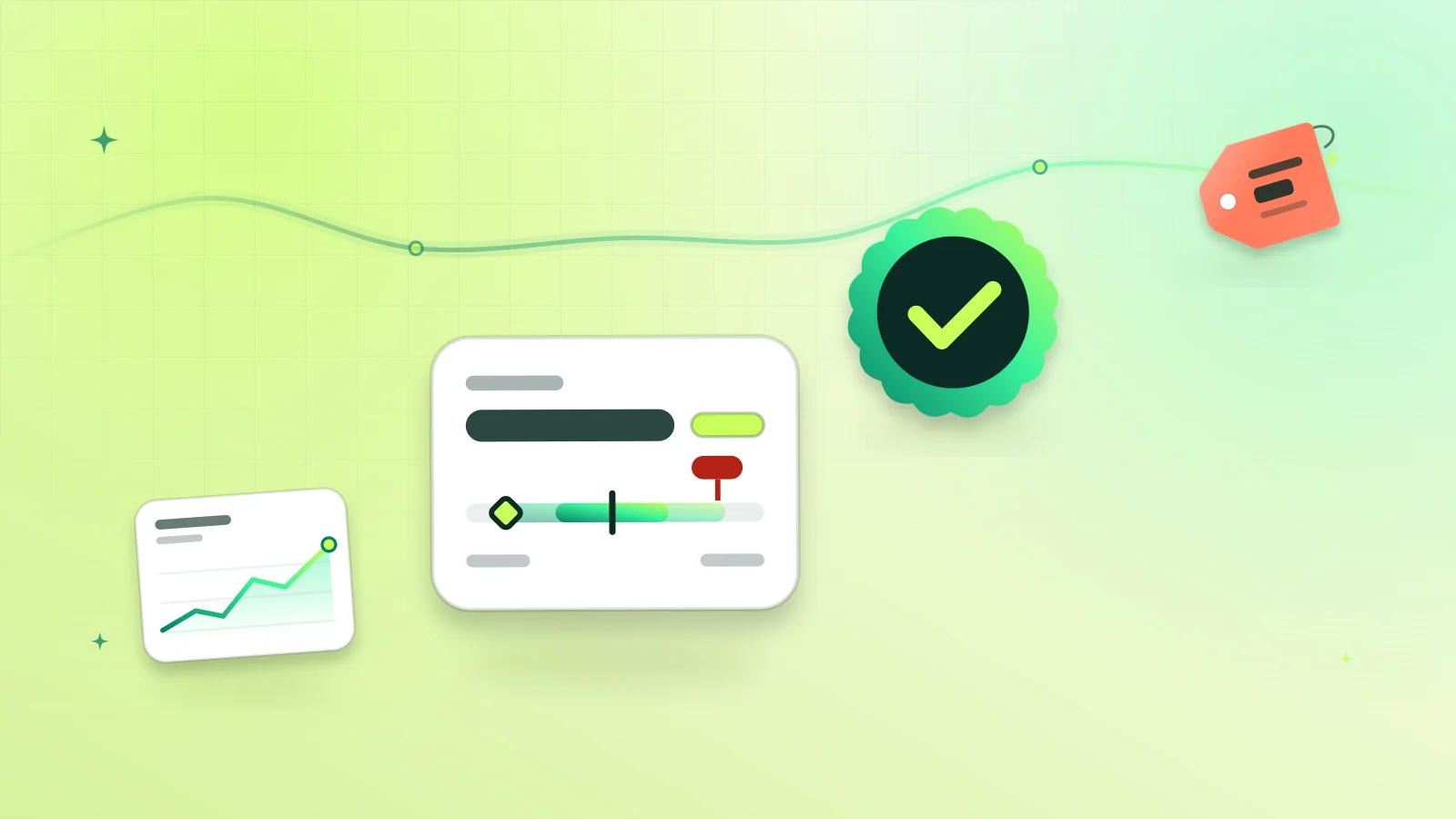 Illustration of a DAAM price range card with median and cheapest markers, a price history chart, a check badge and a price tag
