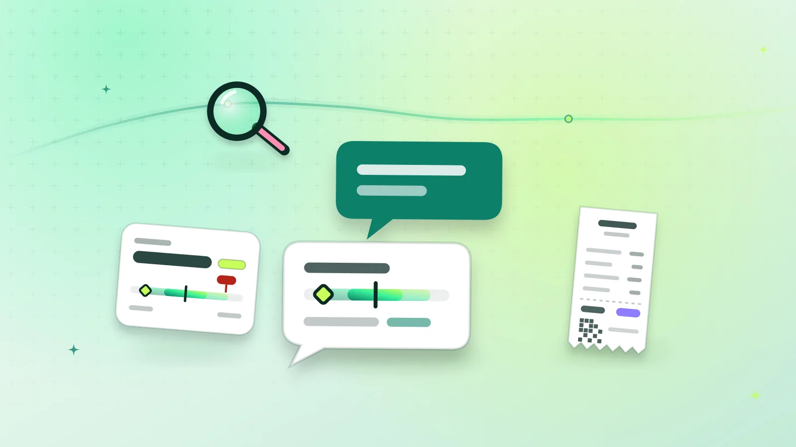 Illustration of the DAAM chat on a phone next to a price range card, a shop receipt and a magnifying glass